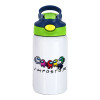 Children's hot water bottle, stainless steel, with safety straw, green, blue (350ml)