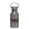 Stainless steel metallic thermos flask, silver with a bamboo lid, double-walled, 350ml.