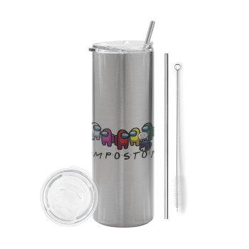 Among US impostor, Eco friendly stainless steel Silver tumbler 600ml, with metal straw & cleaning brush