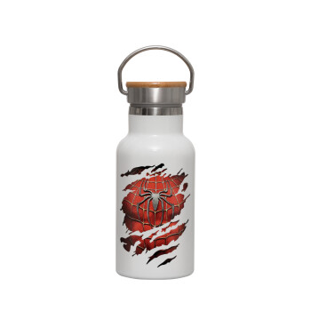 Spiderman cracked, Metallic thermos (Stainless steel) White with wooden lid (bamboo), double-walled, 350ml