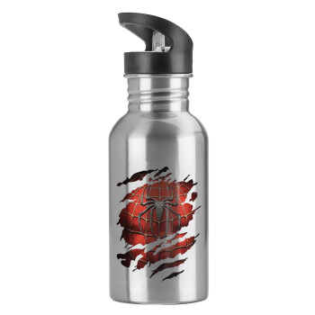 Spiderman cracked, Water bottle Silver with straw, stainless steel 600ml
