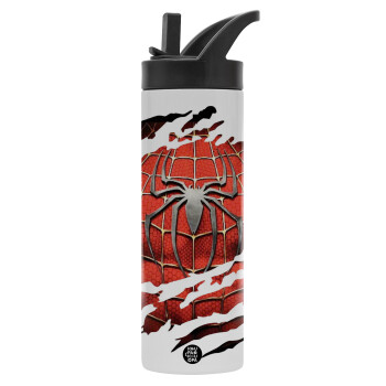 Spiderman cracked, Μεταλλικό παγούρι θερμός με καλαμάκι & χειρολαβή, ανοξείδωτο ατσάλι (Stainless steel 304), διπλού τοιχώματος, 600ml