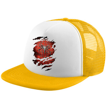 Spiderman cracked, Adult Soft Trucker Hat with Yellow/White Mesh (POLYESTER, ADULT, UNISEX, ONE SIZE)