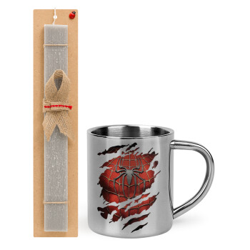 Spiderman cracked, Easter Set, metallic thermal cup (300ml) & Easter aromatic flat candle (30cm) (GRAY)