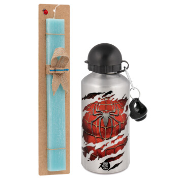 Spiderman cracked, Easter Set, metallic silver aluminum water bottle (500ml) & scented flat Easter candle (30cm) (TURQUOISE)