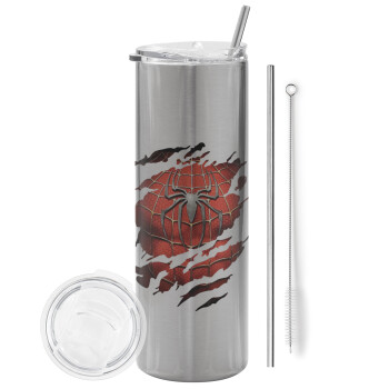 Spiderman cracked, Eco friendly ποτήρι θερμό Ασημένιο (tumbler) από ανοξείδωτο ατσάλι 600ml, με μεταλλικό καλαμάκι & βούρτσα καθαρισμού