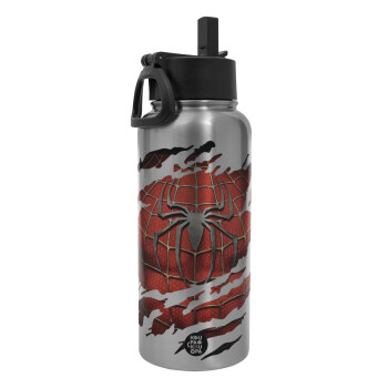 Spiderman cracked, Metal mug thermo Silver with Straw and Spout Lid (Stainless steel), double wall, 950ml