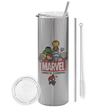 MARVEL, Eco friendly ποτήρι θερμό Ασημένιο (tumbler) από ανοξείδωτο ατσάλι 600ml, με μεταλλικό καλαμάκι & βούρτσα καθαρισμού