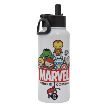 MARVEL, Metal mug thermo White with Straw and Spout Lid (Stainless steel), double wall, 950ml