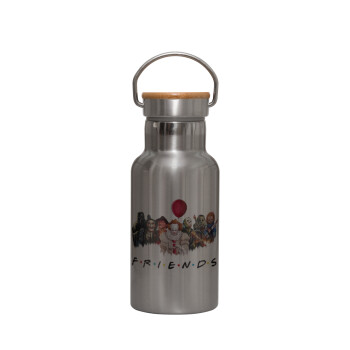 Halloween Friends, Stainless steel metallic thermos flask, silver with a bamboo lid, double-walled, 350ml.