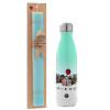 Easter Set, Metallic green/white thermos (Stainless steel), double-walled, 500ml & scented flat Easter candle (30cm) (TURQUOISE)