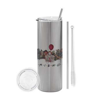 Halloween Friends, Tumbler stainless steel Silver 600ml, with metal straw & cleaning brush