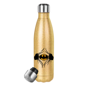 Hero batman, Μεταλλικό παγούρι θερμός Glitter χρυσό (Stainless steel), διπλού τοιχώματος, 500ml