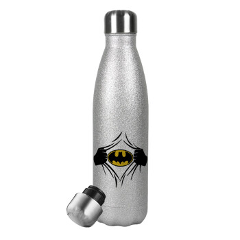 Hero batman, Metallic Glitter Silver Thermos Flask (Stainless steel), double-walled, 500ml