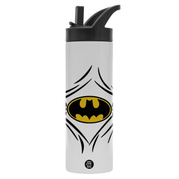 Hero batman, Metallic thermos bottle with straw & handle, stainless steel (Stainless steel 304), double-walled, 600ml.