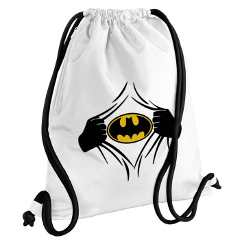 Hero batman, Τσάντα πλάτης πουγκί GYMBAG λευκή, με τσέπη (40x48cm) & χονδρά κορδόνια