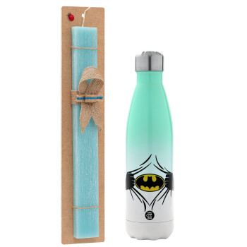 Hero batman, Easter Set, Metallic green/white thermos (Stainless steel), double-walled, 500ml & scented flat Easter candle (30cm) (TURQUOISE)