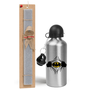 Hero batman, Πασχαλινό Σετ, παγούρι μεταλλικό Ασημένιο αλουμινίου (500ml) & πασχαλινή λαμπάδα αρωματική πλακέ (30cm) (ΓΚΡΙ)