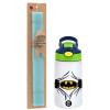 Easter Set, Children's thermal stainless steel bottle with safety straw, green/blue (350ml) & aromatic flat Easter candle (30cm) (TURQUOISE)