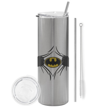 Hero batman, Eco friendly ποτήρι θερμό Ασημένιο (tumbler) από ανοξείδωτο ατσάλι 600ml, με μεταλλικό καλαμάκι & βούρτσα καθαρισμού