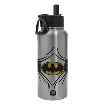 Hero batman, Metal mug thermo Silver with Straw and Spout Lid (Stainless steel), double wall, 950ml