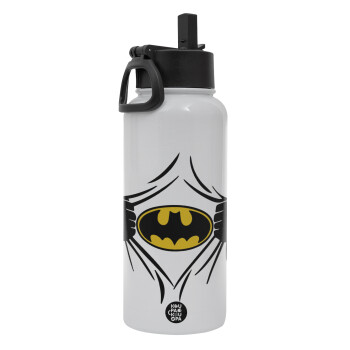 Hero batman, Metal mug thermo White with Straw and Spout Lid (Stainless steel), double wall, 950ml