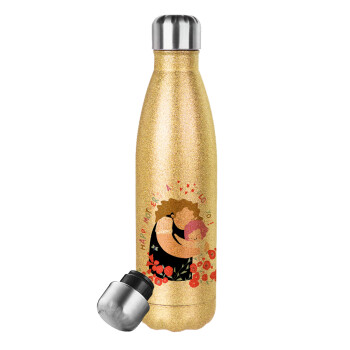 Cute mother, Happy mothers day, Glitter gold stainless steel thermos bottle, double-walled, 500ml