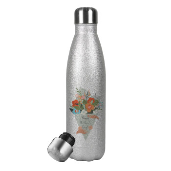 Bouquet of flowers, happy mothers day, Metallic Glitter Silver Thermos Flask (Stainless steel), double-walled, 500ml