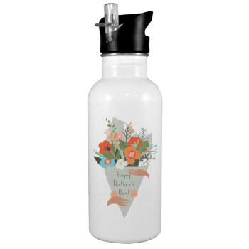 Bouquet of flowers, happy mothers day, White water bottle with straw, stainless steel 600ml
