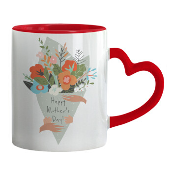 Bouquet of flowers, happy mothers day, Mug heart red handle, ceramic, 330ml