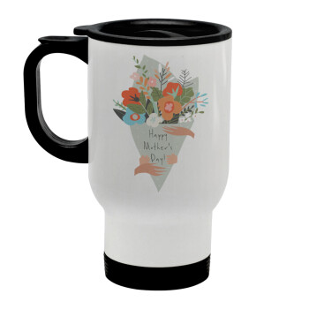 Bouquet of flowers, happy mothers day, Stainless steel travel mug with lid, double wall white 450ml