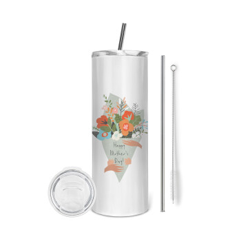 Bouquet of flowers, happy mothers day, Eco friendly stainless steel tumbler 600ml, with metal straw & cleaning brush