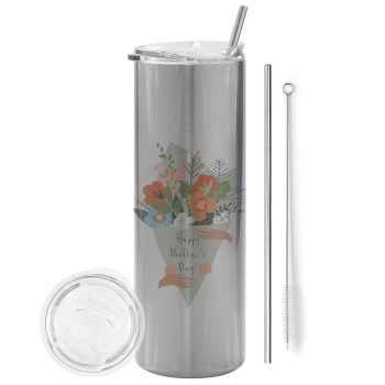 Bouquet of flowers, happy mothers day, Eco friendly stainless steel Silver tumbler 600ml, with metal straw & cleaning brush