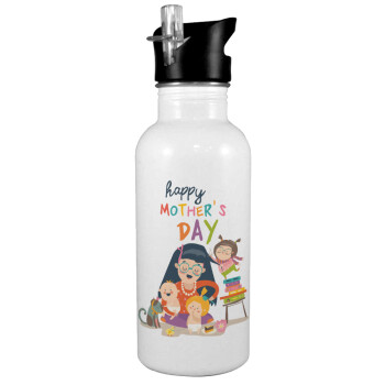 Beautiful women with her childrens, White water bottle with straw, stainless steel 600ml