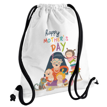 Beautiful women with her childrens, Backpack pouch GYMBAG white, with pocket (40x48cm) & thick cords