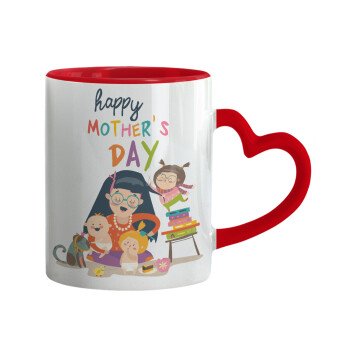 Beautiful women with her childrens, Mug heart red handle, ceramic, 330ml