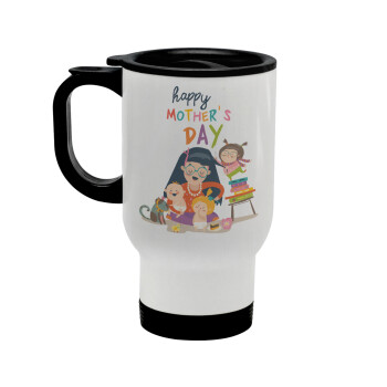 Beautiful women with her childrens, Stainless steel travel mug with lid, double wall white 450ml