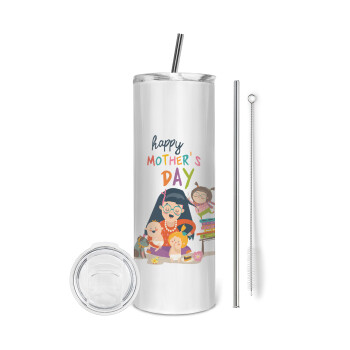 Beautiful women with her childrens, Eco friendly stainless steel tumbler 600ml, with metal straw & cleaning brush