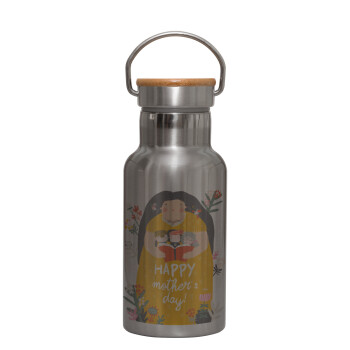 Cute mother reading book, happy mothers day, Stainless steel metallic thermos flask, silver with a bamboo lid, double-walled, 350ml.