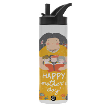 Cute mother reading book, happy mothers day, Metallic thermos bottle with straw & handle, stainless steel (Stainless steel 304), double-walled, 600ml.