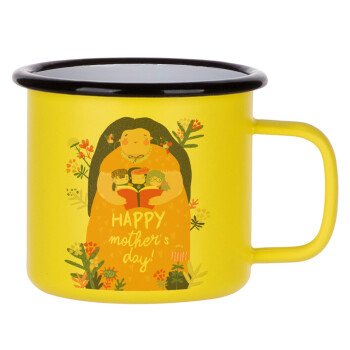 Cute mother reading book, happy mothers day, Metallic enamel MATT Yellow cup 360ml