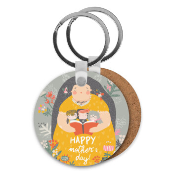 Cute mother reading book, happy mothers day, Μπρελόκ Ξύλινο στρογγυλό MDF Φ5cm