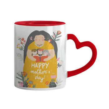 Cute mother reading book, happy mothers day, Mug heart red handle, ceramic, 330ml