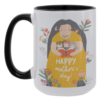 Cute mother reading book, happy mothers day, Κούπα Mega 15oz, κεραμική Μαύρη, 450ml