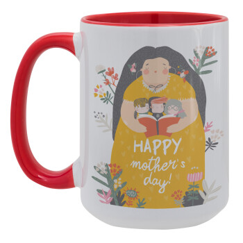 Cute mother reading book, happy mothers day, Κούπα Mega 15oz, κεραμική Κόκκινη, 450ml