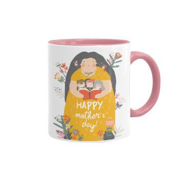 Cute mother reading book, happy mothers day, Κούπα χρωματιστή ροζ, κεραμική, 330ml