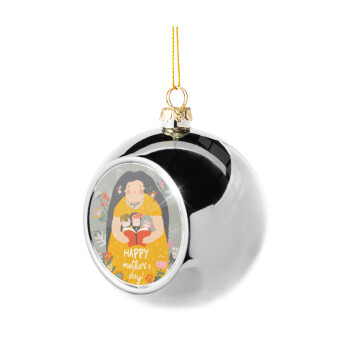 Cute mother reading book, happy mothers day, Silver 8cm Christmas tree ball ornament