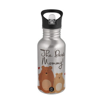 Mothers Day, bears, Water bottle Silver with straw, stainless steel 500ml