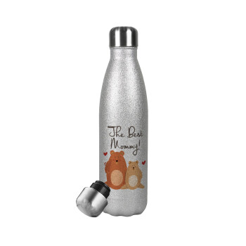 Mothers Day, bears, Metallic Glitter Silver Thermos Flask (Stainless steel), double-walled, 500ml