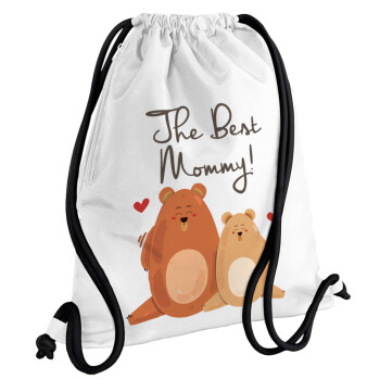 Mothers Day, bears, Backpack pouch GYMBAG white, with pocket (40x48cm) & thick cords